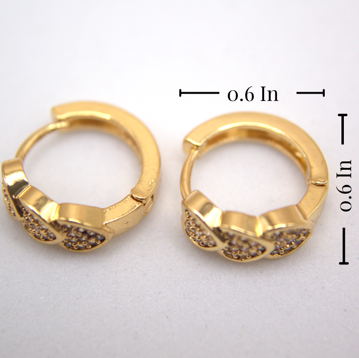 Gold hoop earrings with measurements on a white background