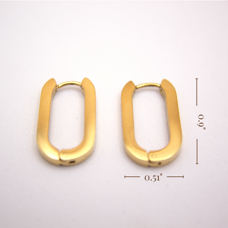 Gold hoop earrings on a white background with measurements indicated.