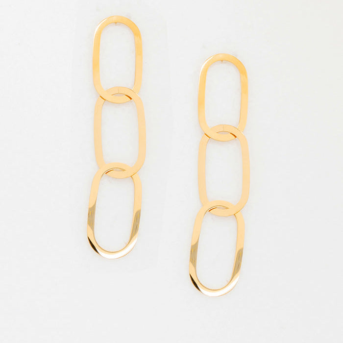 A pair of 18k gold plated hoop earrings with a dangle design on a white background