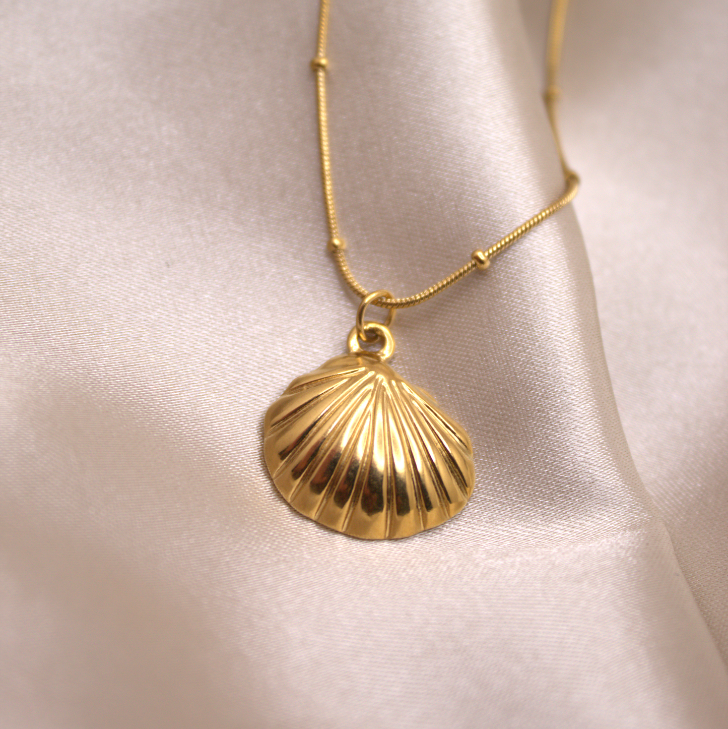 Golden seashell pendant necklace with micro-bead chain