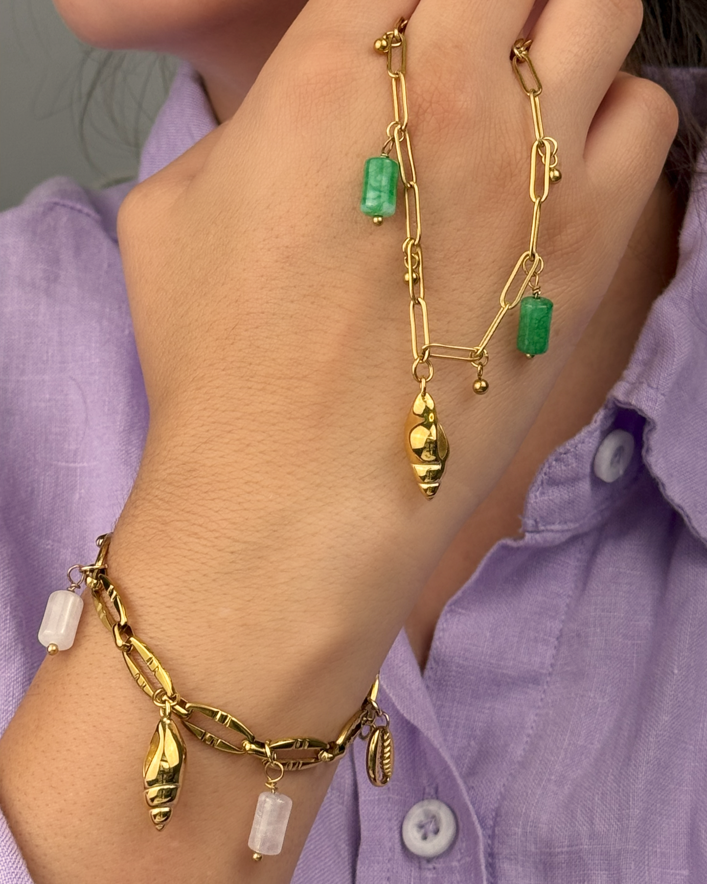 Golden Seashell Dreams Bracelet with marine pendants and white stones