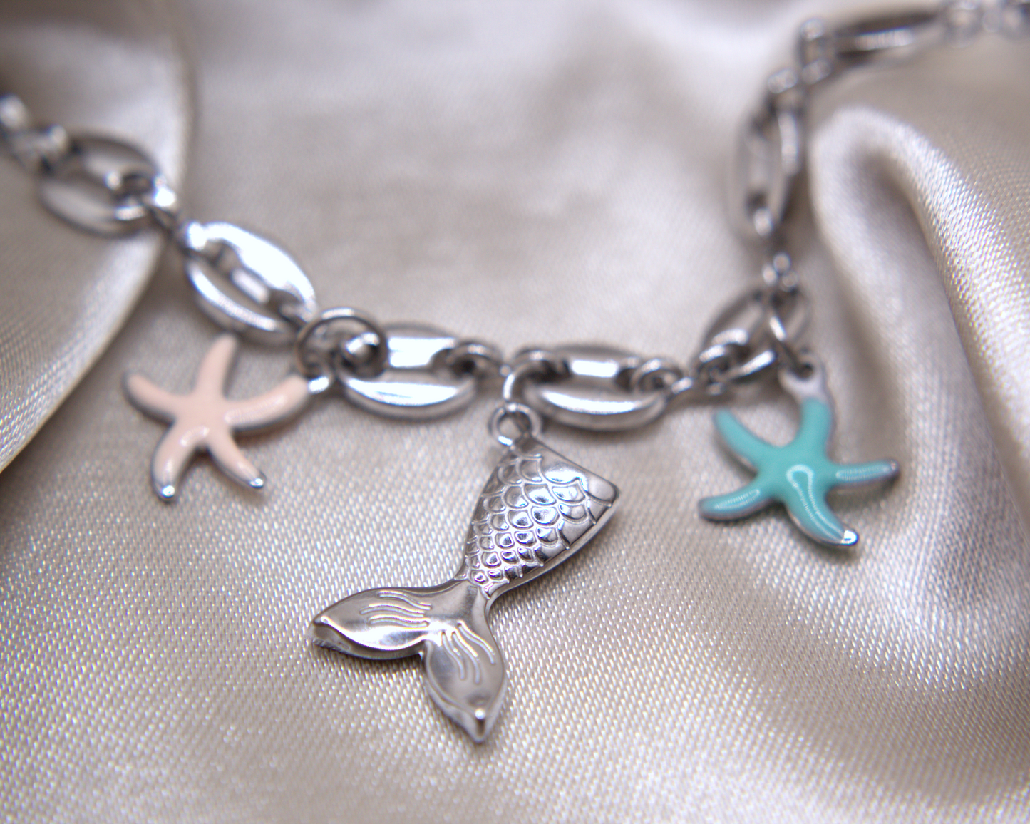 Silver Siren Bracelet with mermaid tail and enamel starfish charms
