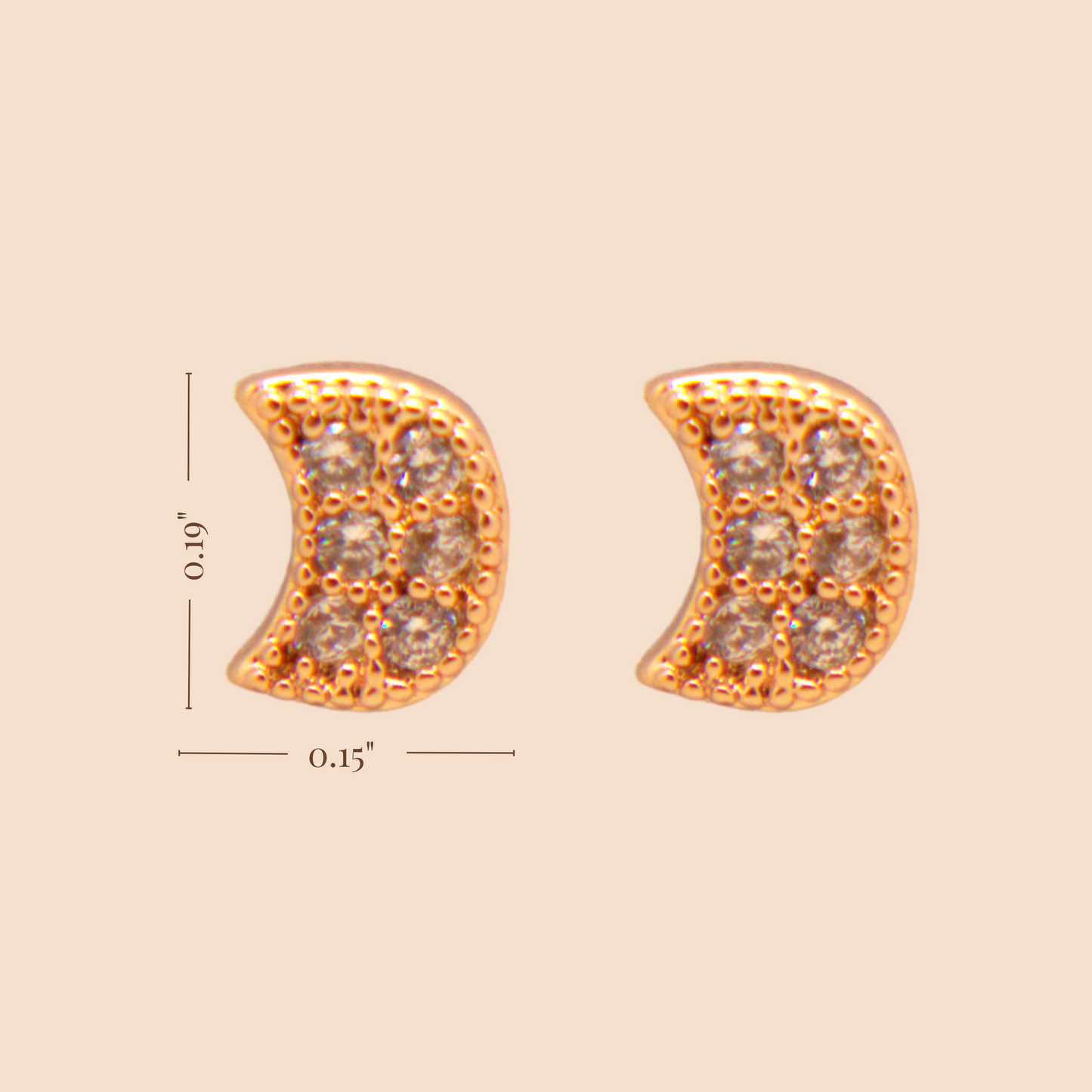 Delicate gold moon stud earrings, hypoallergenic mini studs with cubic zirconia accents