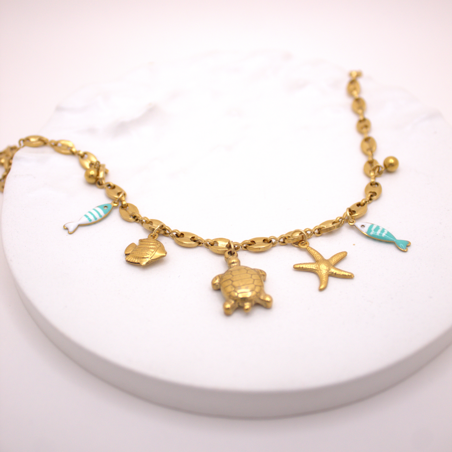 Waterproof gold necklace with starfish, turtle, and ocean animals