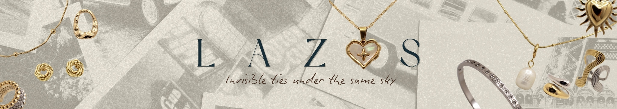 Jewelry brand banner for 'Lazos' featuring a vintage aesthetic with black and white polaroid photos in the background.