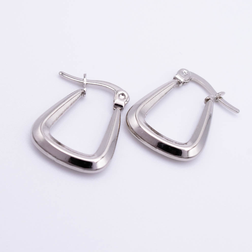 A pair of polished silver-tone hoop earrings with a unique triangular, open-frame design and secure fishhook backings, displayed on a clean white background.