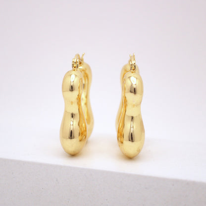 Pair of gold hoop earrings on a white background
