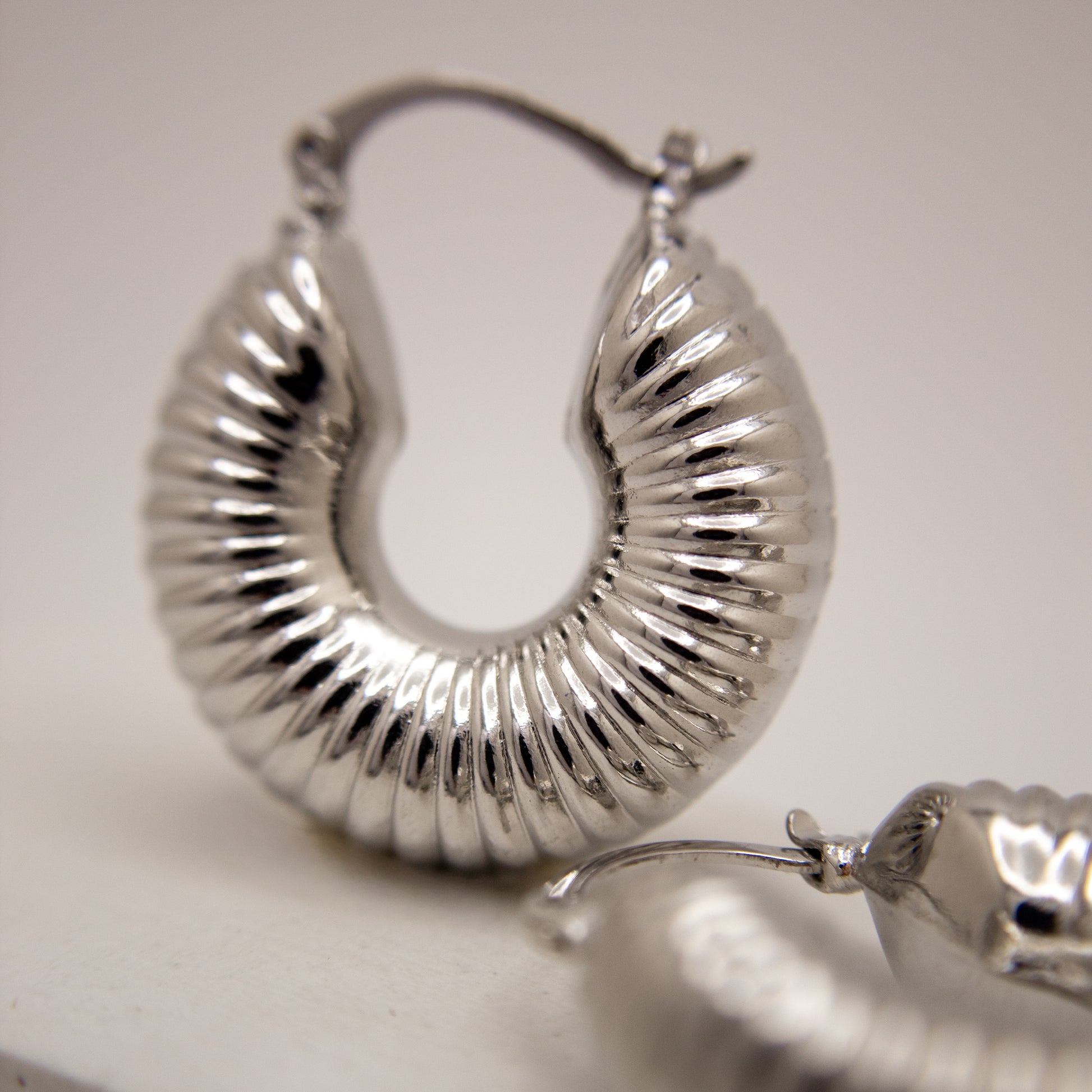 Close-up of silver hoop earrings on a light background