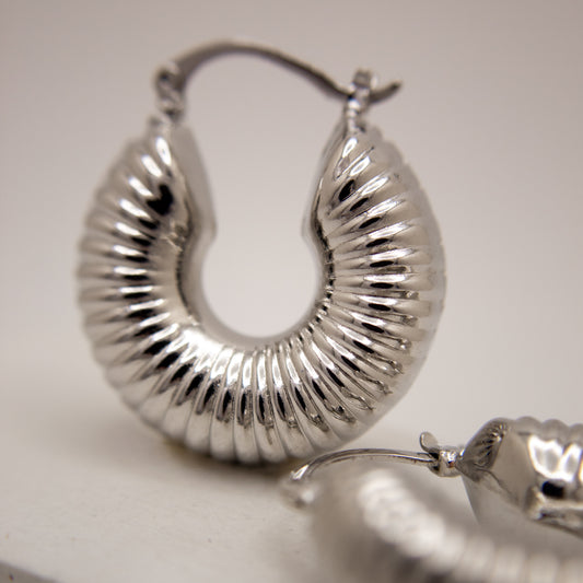 Close-up of silver hoop earrings on a light background