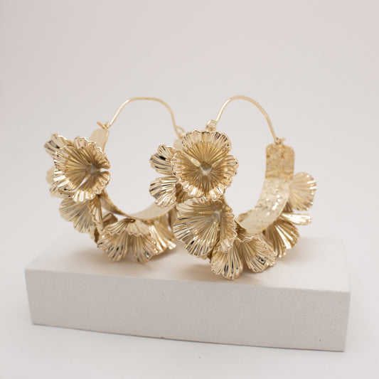 Large gold floral hoop earrings