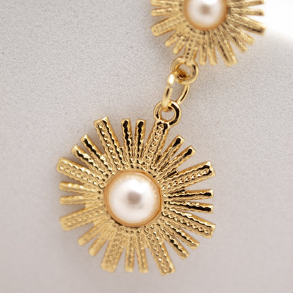 Gold dandelion-shaped earrings with pearl centers on a light gray background
