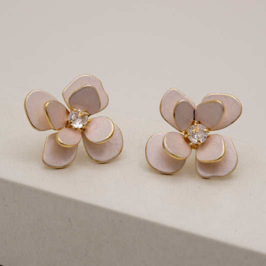 Flower-shaped earrings with pink petals and gold accents on a light gray background