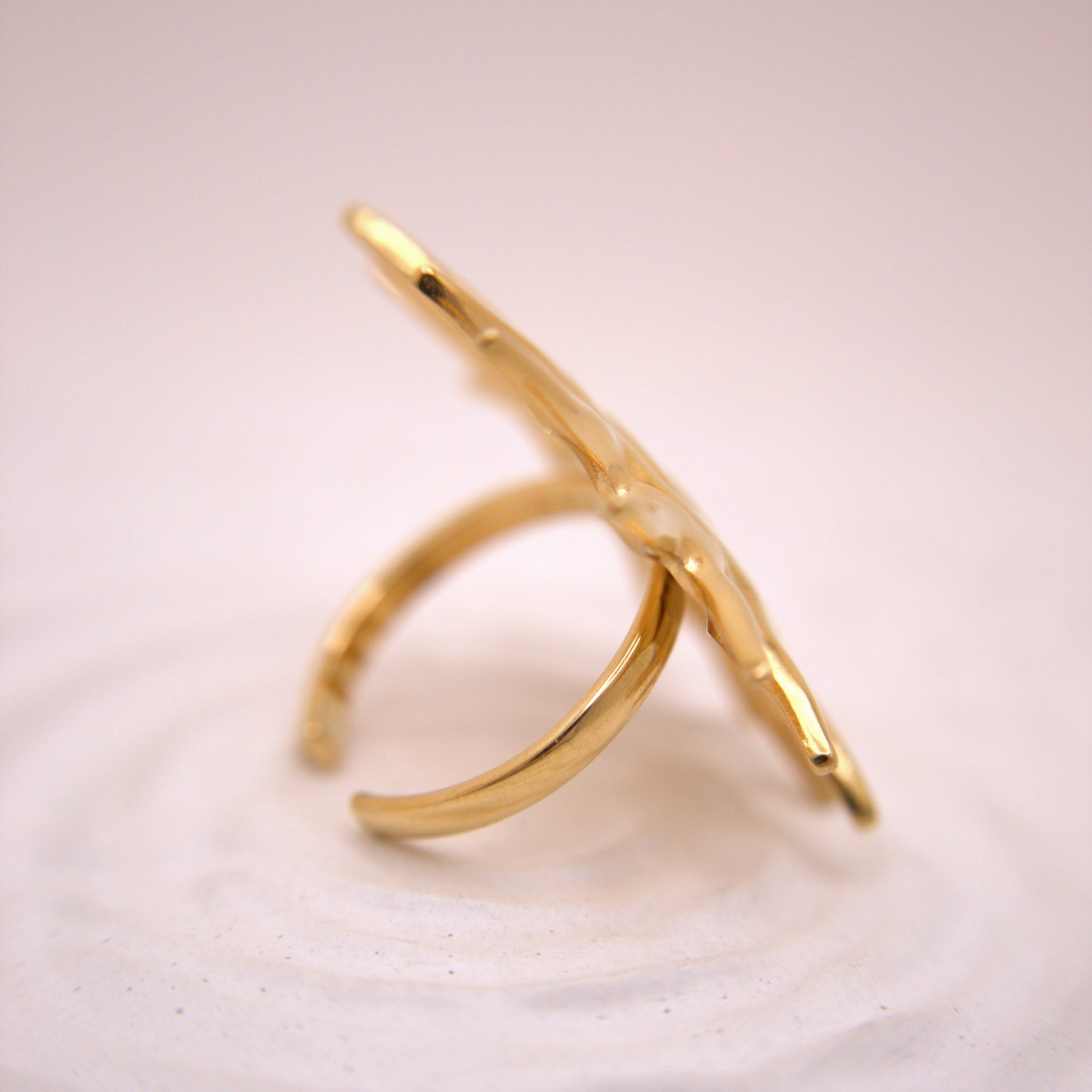 Gold ring on a light pink background
