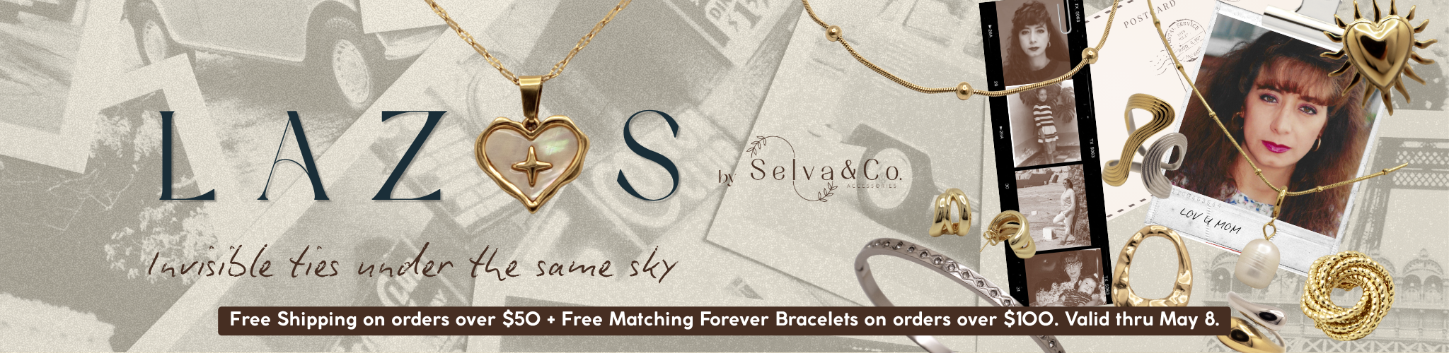 Advertisement for Lazs jewelry with heart-shaped bracelet and woman's face.