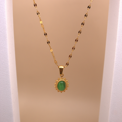 Dainty gold necklace with translucent green stone pendant, PVD stainless steel chain.