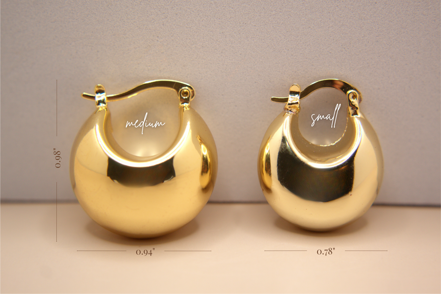Shiny chunky gold hoops, modern hoop earrings with rhodium plated finish, small and medium size.