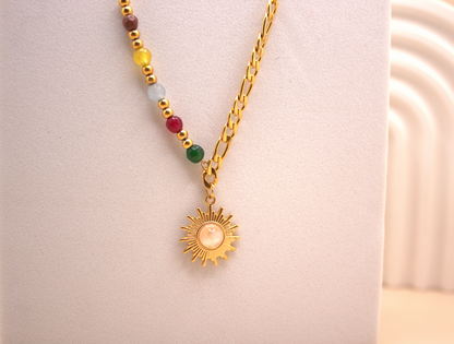 Minimalist gold sun necklace, stainless steel with colorful bead details, waterproof design.
