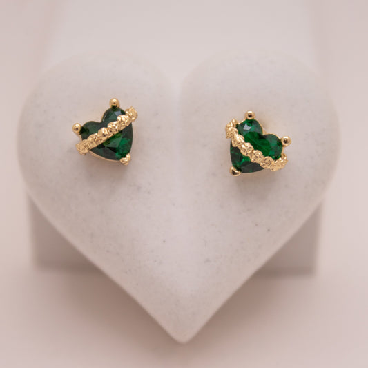 Gold heart stud earrings with green crystal