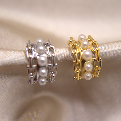 Elegant gold and silver ear cuff with soft pearl accents by Selva&Co.