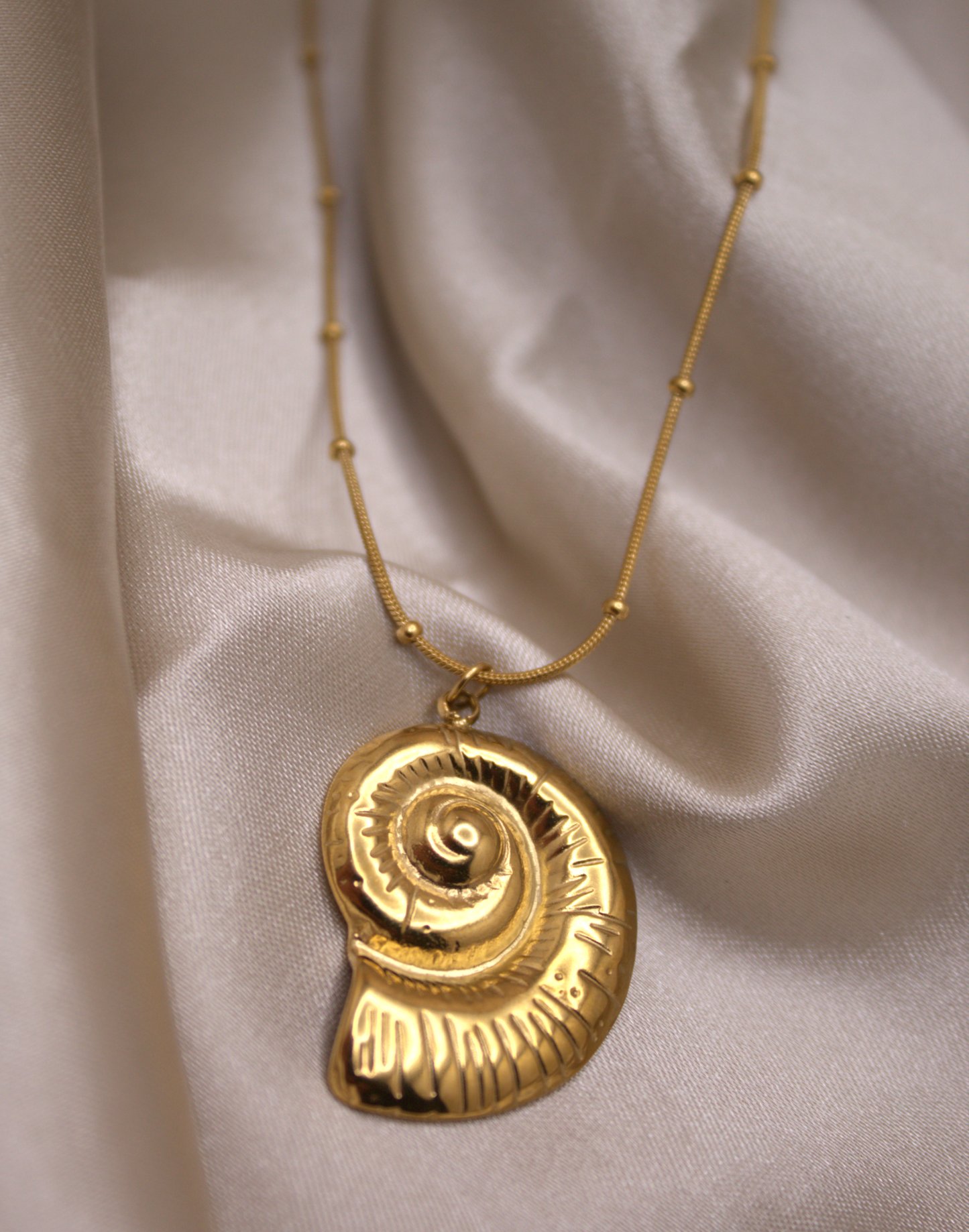 Gold stainless steel necklace featuring seashell pendant by Selva Accessories