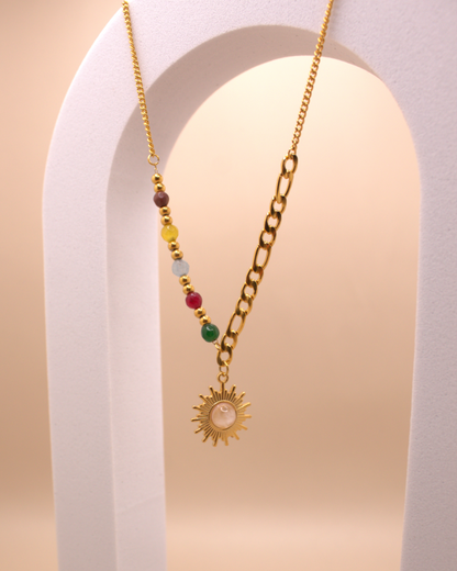 Dainty gold sun pendant necklace with colorful stones, PVD stainless steel chain.