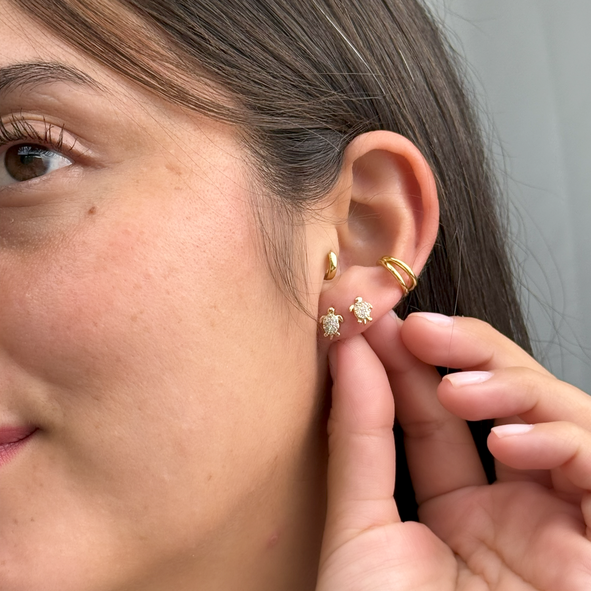 Shiny gold sea turtle studs with sparkly cubic zirconia.
