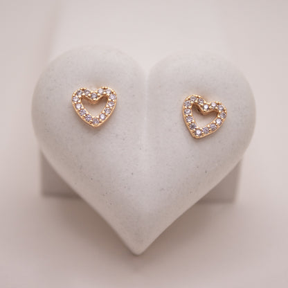 Gold heart stud earrings with white zirconia – Soft Love Studs
