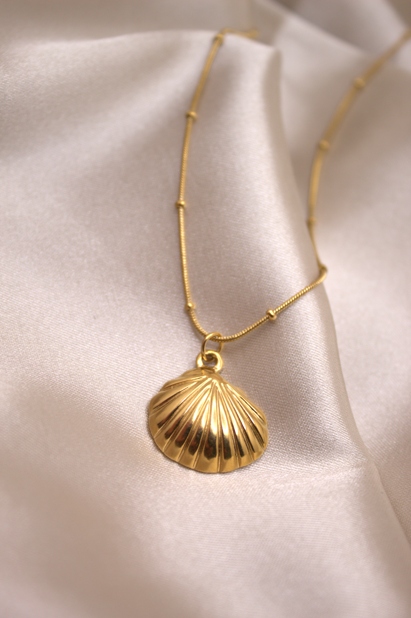 Golden seashell pendant necklace with micro-bead chain