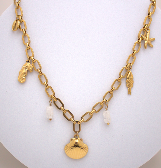 Golden Tide Necklace with seashell, seahorse, and starfish charms