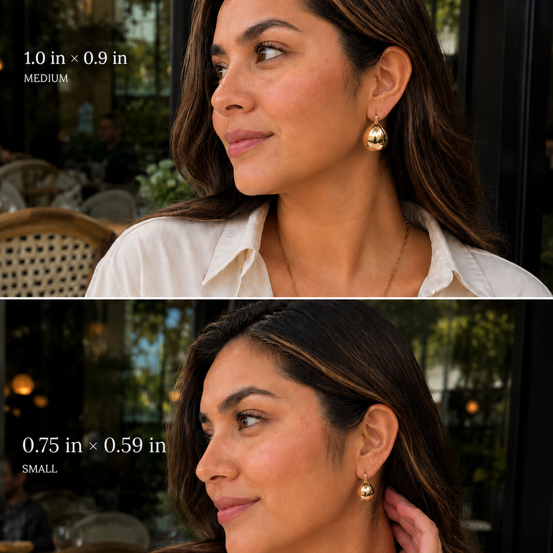 Woman wearing gold earrings with size comparison text overlay