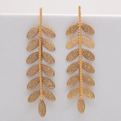 Long gold leaf cascade earrings