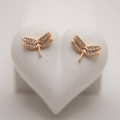 Golden dragonfly stud earrings with white zirconia by Selva