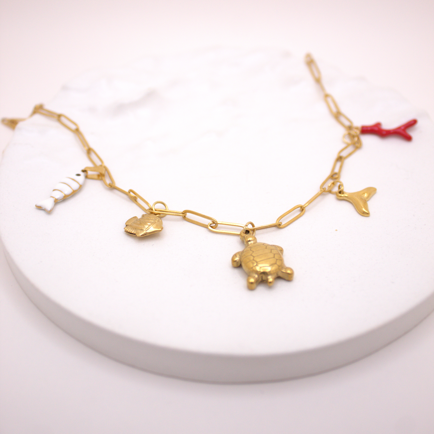Waterproof gold necklace with turtle, coral, and marine animal pendants
