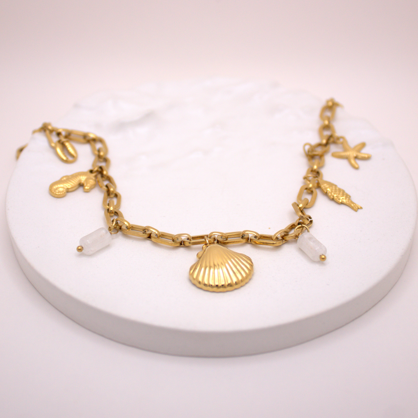 Waterproof gold necklace with marine charms and natural stones