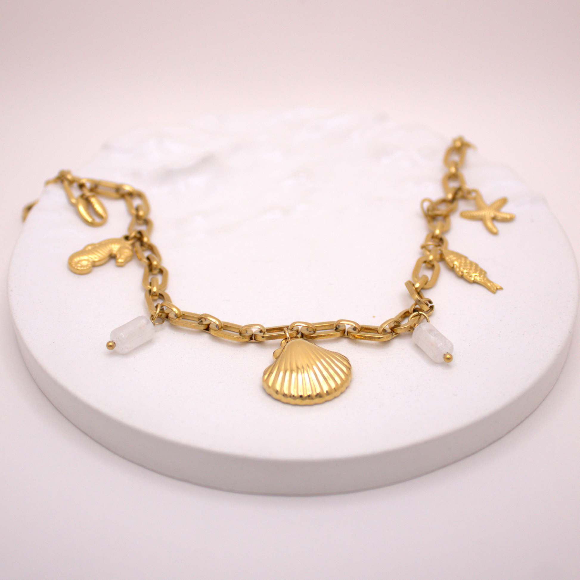 Waterproof gold necklace with marine charms and natural stones