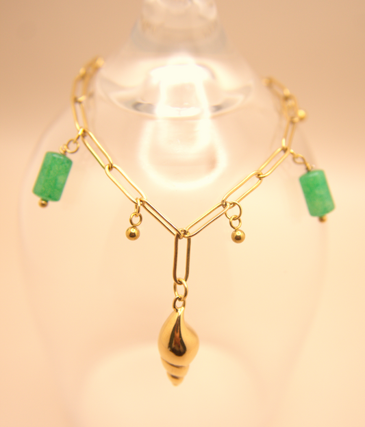 Gold Sea Gem Bracelet with green stones and shell pendant