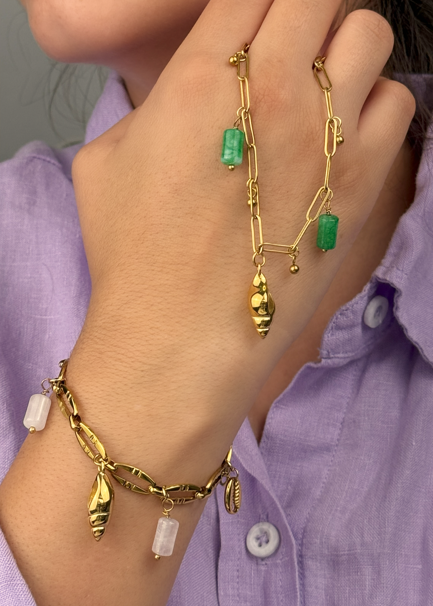 Golden Seashell Dreams Bracelet with marine pendants and white stones