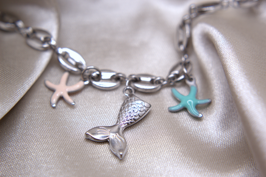 Silver Siren Bracelet with mermaid tail and enamel starfish charms