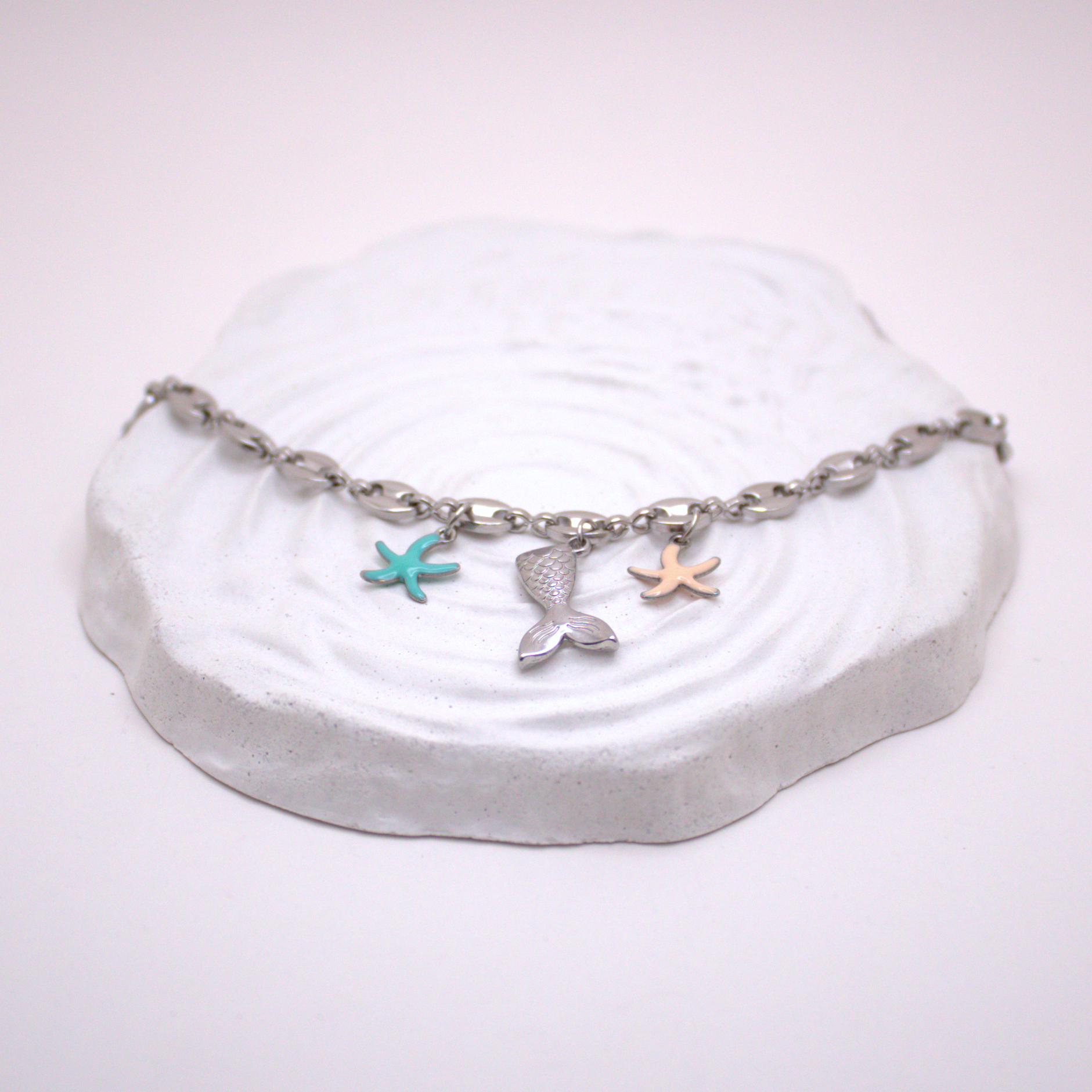 Waterproof silver bracelet with mermaid and starfish enamel pendants