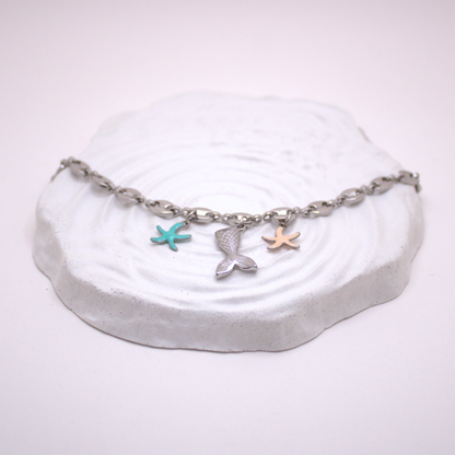 Waterproof silver bracelet with mermaid and starfish enamel pendants