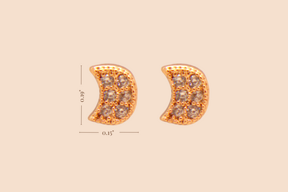 Delicate gold moon stud earrings, hypoallergenic mini studs with cubic zirconia accents