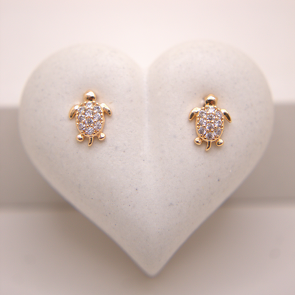 Gold turtle stud earrings with white zircon stones by Selva&Co.