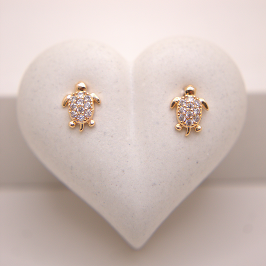 Gold turtle stud earrings with white zircon stones by Selva&Co.