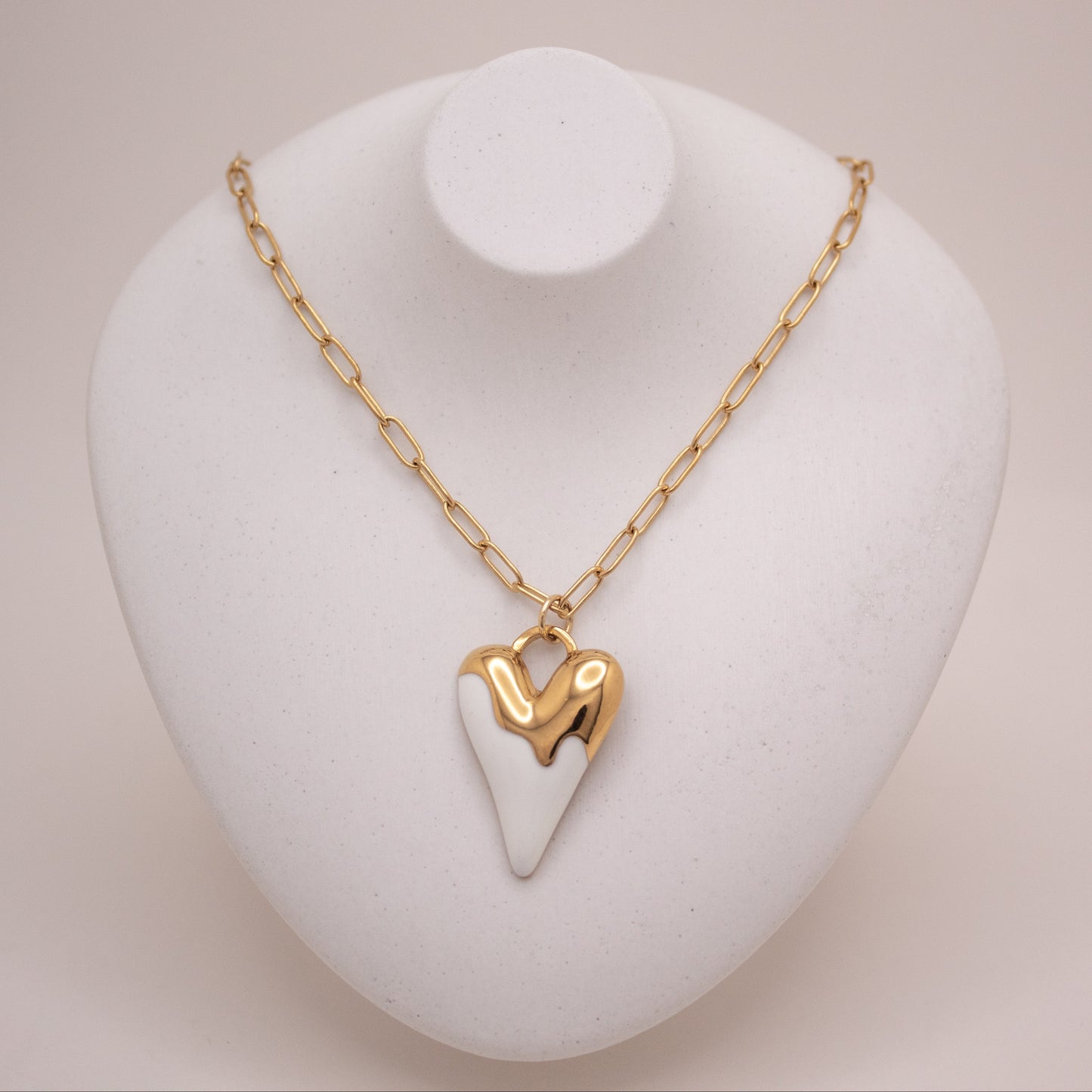 Gold heart necklace with white enamel glaze pendant