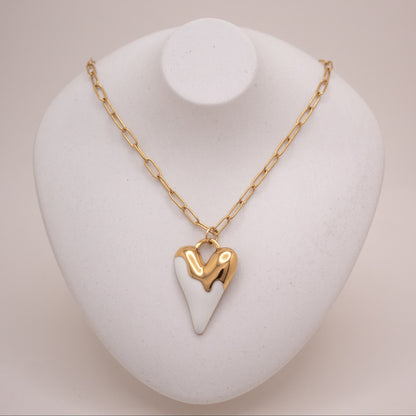 Gold heart necklace with white enamel glaze pendant